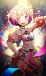 1girl arm_up balloon bead_bracelet beads black_bow blunt_bangs blurry blurry_background bob_cut bow bracelet breasts commentary_request cowboy_shot depth_of_field detached_collar detached_sleeves dress hair_bow hand_on_own_hip highres jewelry looking_at_viewer medium_breasts multicolored_bow multicolored_dress ootori_emu pink_eyes pink_hair project_sekai short_hair smile solo strapless strapless_dress tiprip_kk tongue tongue_out white_bow yellow_bow