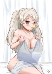 1girl akashieru breasts brown_eyes collarbone conte_di_cavour_(kancolle) food_in_mouth highres kantai_collection large_breasts long_hair mouth_hold sitting solo two_side_up very_long_hair white_hair