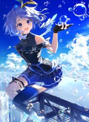 1girl :d absurdres amane_kanata amane_kanata_(work) amesui angel_wings belt black_dress black_gloves blue_belt blue_hair blue_sky blue_thighhighs bob_cut breasts cloud colored_inner_hair commentary_request cumulonimbus_cloud day dress feathered_wings frilled_dress frills gloves gradient_clothes gradient_dress gradient_wings grey_hair halo hand_up highres hololive jewelry mini_wings multicolored_hair multicolored_wings necklace official_alternate_costume open_mouth outdoors partially_fingerless_gloves pleated_dress pouch purple_eyes short_dress short_hair single_hair_intake single_thighhigh sitting sky sleeveless sleeveless_dress small_breasts smile solo star_(symbol) star_halo star_necklace thigh_pouch thighhighs virtual_youtuber white_sneakers white_wings wings
