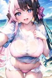 1girl absurdres ai-assisted beach bikini bikini_under_clothes black_hair blue_eyes bow breasts cleavage collarbone covered_erect_nipples cowboy_shot day frilled_bikini frills hair_bow hand_up highres large_breasts long_hair looking_at_viewer multicolored_hair navel open_mouth outdoors outstretched_arm pink_bikini pink_hair see-through_clothes see-through_cleavage shirt short_sleeves smile solo split-color_hair standing stomach sugiki sunlight swimsuit tachibana_hinano thighs two-tone_hair very_long_hair virtual_youtuber vspo! water wet wet_clothes wet_shirt white_shirt