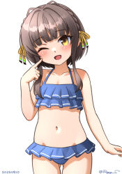 Rule 34 | 1girl, alternate costume, bikini, blue bikini, brown eyes, brown hair, cowboy shot, frilled bikini, frills, gluteal fold, kantai collection, ray.s, short hair, short hair with long locks, smile, solo, swimsuit, twitter username, ukuru (kancolle), yellow eyes