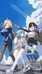 3girls aircraft airplane airport black_choker black_hair black_pantyhose blonde_hair blue_hair blue_sky blush bow breasts che_(komulkomul48) choker cielo_(nikke) closed_eyes collared_shirt cropped_shirt flag goddess_of_victory:_nikke hair_bow hat highres holding jacket jewelry large_breasts long_hair long_sleeves multiple_girls navel neckerchief open_clothes open_jacket open_mouth over_the_horizon_(nikke) pantyhose red_eyes shirt shorts skirt sky sky_(nikke) smile sora_(nikke) teeth thighhighs twintails two-sided_fabric two-sided_jacket upper_teeth_only white_bow white_pantyhose white_shirt white_thighhighs yellow_eyes yellow_neckerchief