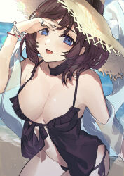 Rule 34 | 1girl, beach, bikini, black bikini, black choker, blue eyes, blue sky, bracelet, breasts, choker, cleavage, commentary request, day, hat, highres, jewelry, large breasts, looking at viewer, ocean, open mouth, original, outdoors, purin uni, sky, solo, straw hat, swimsuit, yellow hat