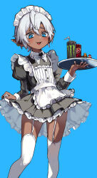 1boy :3 apron blue_background blue_eyes blush bow bowtie character_request clothes_lift commentary_request crossdressing crossdressing_(mtf) dark-skinned_male dark_elf dark_skin dr_pepper dress ear_piercing elf frilled_apron frilled_dress frilled_headwear frills furrowed_brow garter_straps grey_hair hair_between_eyes highres holding holding_tray long_sleeves maid maid_headdress male_focus male_maid monster_energy open_mouth original piercing pointy_ears puffy_sleeves short_eyebrows short_hair simple_background skirt skirt_lift teeth thighhighs tongue trap tray two-tone_dress upper_teeth_only virtual_youtuber white_garter_straps white_thighhighs yoruhachi
