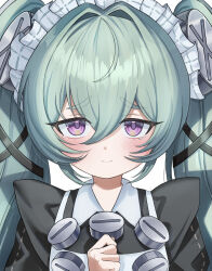 1girl absurdres apron commentary corin_wickes english_commentary green_hair gwedo_(pinibell) hair_between_eyes hand_up highres long_hair looking_at_viewer maid maid_apron maid_headdress portrait purple_eyes sad screw_hair_ornament simple_background solo straight-on tearing_up twintails white_apron zenless_zone_zero