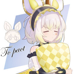 1girl animal_ears checkered_pillow closed_eyes closed_mouth detached_sleeves duel_monster frilled_hairband frills hairband highres hug hugging_object kjgd5377 long_sleeves maliss_&lt;p&gt;_dormouse mouse_ears mouse_girl pillow pillow_hug see-through_clothes see-through_sleeves short_hair simple_background white_hair yu-gi-oh!