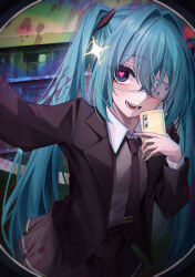 1girl absurdres aqua_hair black_jacket black_necktie blush cellphone collared_shirt commentary_request eyepatch formal_clothes grey_skirt hatsune_miku heart heart-shaped_pupils hidel highres holding holding_phone jacket long_hair monitoring_(vocaloid) necktie open_mouth phone pov_peephole shirt skirt smartphone solo symbol-shaped_pupils twintails vocaloid white_shirt