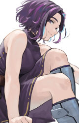 Rule 34 | 1girl, absurdres, bare shoulders, blush, boku no hero academia, boots, breasts, closed mouth, commentary, dress, fengling (furin-jp), highres, lady nagant, large breasts, looking at viewer, medium hair, multicolored hair, muscular, muscular female, pink hair, purple eyes, purple hair, short hair, sleeveless, sleeveless turtleneck dress, smile, solo, streaked hair, taut clothes, taut dress, thighs, two-tone hair