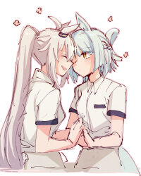 2girls alonemistrist animal_ears blue_hair blush closed_eyes closed_mouth collared_shirt fujimasa_march_(umamusume) holding_hands horse_ears horse_girl horse_tail long_hair multiple_girls oguri_cap_(umamusume) open_mouth pink_hair shirt short_hair short_sleeves simple_background smile tail umamusume umamusume:_cinderella_gray white_background white_shirt yellow_eyes yuri