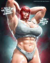 Rule 34 | 1girl, abs, armpits, arms behind head, artist name, blush, breasts, breath, cleavage, english text, green eyes, heart, highres, large breasts, looking at viewer, marisa (street fighter), mika dawn, muscular, muscular female, patreon username, pubic tattoo, red hair, short hair, solo, street fighter, street fighter 6, tank top, tattoo