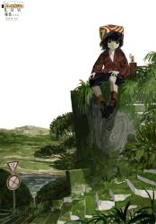 Rule 34 | 1girl, black eyes, black hair, black shorts, blunt bangs, boots, brown coat, brown socks, coat, collared shirt, fence, fern, flower, full body, hand on knees, hat, highres, knees apart feet together, lighter, looking at viewer, maomi jita, mountain, original, overgrown, plaid clothes, plaid coat, popped collar, red flower, road sign, scenery, shirt, short hair, shorts, sign, signature, sitting, slouching, socks, solo, stairs, stone stairs, tree, white shirt, wooden fence