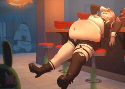 1girl absurdres bangboo_(zenless_zone_zero) bear better-with-salt big_belly blush boots breasts chopsticks female_focus food high_heel_boots high_heels highres large_breasts long_hair mole mole_on_thigh nail_polish navel nicole_demara noodles pink_hair ramen short_shorts shorts single_thighhigh sitting skindentation solo thick_thighs thighhighs thighs torn_clothes torn_thighhighs zenless_zone_zero