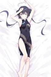 Rule 34 | 1girl, absurdres, armpits, arms up, bare arms, bare legs, bare shoulders, barefoot, bed sheet, black dress, black hair, blue archive, blue eyes, breasts, china dress, chinese clothes, closed mouth, covered navel, double bun, dragon print, dress, hair bun, halo, highres, kisaki (blue archive), long hair, looking at viewer, lying, medium breasts, no jacket, no panties, on back, pelvic curtain, print dress, sleeveless, sleeveless dress, solo, thighs, twintails, zapik