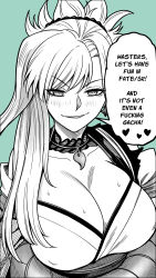 Rule 34 | 1girl, artist name, blush, breasts, cleavage, commentary, copyright name, english text, fate/grand order, fate/samurai remnant, fate (series), green background, greyscale with colored background, heart, highres, large breasts, long hair, miyamoto musashi (fate), ponytail, seductive smile, shinsaku (stan-art), simple background, single sidelock, smile, solo, speech bubble, sweat
