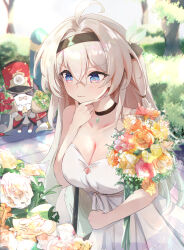 1girl ahoge black_choker black_hairband bouquet choker dress elphe firefly_(honkai:_star_rail) flower grey_hair hair_intakes hair_ornament hairband hand_on_own_chin highres holding holding_bouquet honkai:_star_rail honkai_(series) pink_eyes pom-pom_(honkai:_star_rail) red_flower strapless strapless_dress white_dress white_flower