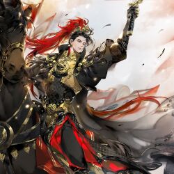 1boy arm_up armor armored_boots black_gloves black_hair black_pants black_shirt blue_sky boots breastplate character_request chinese_armor closed_mouth cloud cowboy_shot crown day faulds feathers gloves gold_boots gold_crown grey_eyes holding holding_sword holding_weapon horseback_riding hua_yu_jian knee_boots light_frown light_particles long_sleeves looking_to_the_side male_focus outdoors pants puffy_long_sleeves puffy_sleeves realistic reins riding saddle shirt short_hair sky solo sword thick_eyebrows thick_lips weapon ye_dian_pikaqiu