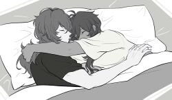 2boys aff74657844 arms_around_neck closed_eyes commentary dark-skinned_male dark_skin diluc_(genshin_impact) genshin_impact greyscale highres kaeya_(genshin_impact) long_hair lying male_focus monochrome multiple_boys on_side pillow ponytail shirt short_sleeves sleeping t-shirt under_covers yaoi