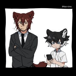 Rule 34 | 2boys, absurdres, animal ears, beard stubble, black border, black hair, black suit, blue eyes, border, brown eyes, brown hair, cellphone, cigarette, commentary, crossed arms, deviidog0, dog boy, dog ears, dog tail, english commentary, facial hair, formal clothes, highres, holding, holding phone, looking at viewer, male focus, multiple boys, original, phone, shirt, smartphone, smoking, stubble, suit, tail, white background, white shirt