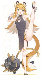 1girl absurdres alternate_costume animal_ear_fluff animal_ears armpits black_dress black_shoes blonde_hair blush breasts bun_cover china_dress chinese_clothes cloba colored_inner_hair commentary_request covered_navel double_bun dress green_eyes hair_bun highres ju_fufu kneepits leg_hold leg_lift leg_up legs long_hair looking_at_viewer multicolored_hair open_mouth panties shoes simple_background skindentation sleeveless sleeveless_dress small_breasts smile split standing standing_on_one_leg standing_split striped_clothes striped_hair striped_panties tail thigh_strap thighs tiger_ears tiger_girl tiger_stripes tiger_tail underwear white_background zenless_zone_zero
