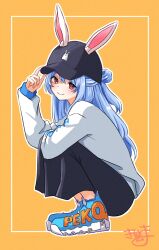 Rule 34 | 1girl, animal ear fluff, animal ears, baseball cap, black hat, black pants, blue hair, blue shoes, brown background, closed mouth, commentary request, ears through headwear, full body, hair between eyes, hand on headwear, hand up, hat, highres, hololive, kiritoma, long hair, long sleeves, looking at viewer, outline, pants, ponytail, puffy long sleeves, puffy sleeves, rabbit-shaped pupils, rabbit ears, red eyes, shirt, shoes, signature, simple background, sleeves past wrists, smile, solo, squatting, symbol-shaped pupils, usada pekora, very long hair, virtual youtuber, white outline, white shirt
