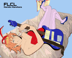 1girl absurdres animal_ears artist_name bed blue_background breasts character_name cleavage copyright_name electric_guitar fake_animal_ears flcl full_body guitar haruhara_haruko highres holding holding_guitar holding_instrument instrument juchara33 large_breasts leotard looking_at_viewer magazine_(object) on_bed pantyhose purple_hair red_leotard red_nails short_hair smile solo white_pantyhose yellow_eyes