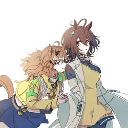 2girls agnes_tachyon_(umamusume) ahoge animal_ears belt black_pantyhose blue_necktie blue_shirt blue_skirt bow bowtie braid brown_belt brown_hair closed_mouth collared_shirt commentary_request cropped_jacket ear_ornament earrings hair_between_eyes hair_ornament hairclip half_up_braid hand_on_another&#039;s_neck highres holding_hands horse_ears horse_girl horse_tail jacket jewelry jungle_pocket_(umamusume) lab_coat long_sleeves looking_at_another medium_hair messy_hair multiple_girls necktie notched_ear pantyhose parted_lips pen red_eyes shirt shiruko_(oshiruko) short_necktie sidelocks simple_background single_earring skirt smile suspenders sweater_vest tail test_tube umamusume white_background white_hair wide_sleeves yellow_bow yellow_bowtie yellow_eyes yellow_jacket yellow_sweater_vest