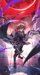 1boy aura black_boots black_shirt boots brown_eyes brown_hair duel_disk full_body highres holding holding_sword holding_weapon looking_at_viewer male_focus medium_hair moon red_moon shirt smile solo supreme_king_(yu-gi-oh!_gx) sword watermark weapon yoshio_296 yu-gi-oh! yu-gi-oh!_gx yuki_judai