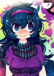 1girl @_@ ahoge black_hair black_sweater blue_eyes blush breasts closed_eyes closed_mouth curly_hair dress facing_viewer fang frilled_dress frilled_sleeves frills gas gastly gen_1_pokemon gengar ghost green_background grin hair_between_eyes hairband hakkasame happy haunter headband heart hex_maniac_(pokemon) long_hair looking_at_animal looking_at_another looking_to_the_side looking_up medium_breasts multicolored_eyes nintendo open_mouth pokemon pokemon_(creature) pokemon_xy purple_dress purple_eyes purple_hairband purple_headband ribbed_sweater ringed_eyes short_sleeves simple_background skin_fang smile spider_web_print sweater tagme teeth turtleneck turtleneck_sweater upper_body wavy_mouth wide-eyed