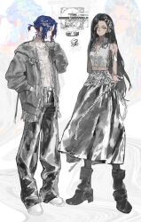 Rule 34 | 1boy, 1girl, absurdres, armlet, arms behind back, black hair, black pants, black skirt, blue hair, boots, choker, colored inner hair, crop top, diurtion, earrings, full body, grey jacket, grey shirt, gundam, gundam gquuuuuux, hair ornament, hairclip, hand in pocket, highres, jacket, jewelry, lace trim, long hair, looking at viewer, midriff, multicolored hair, navel, nyaan (gundam gquuuuuux), pants, ponytail, profile, red eyes, red hair, shirt, shoes, short hair, shuji ito, skirt, standing, two-tone hair, yellow eyes
