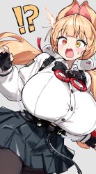 !? 1girl ^^^ alice_thymefield alternate_breast_size animal_ears black_gloves black_skirt blonde_hair blush bouncing_breasts breasts brown_pantyhose fake_animal_ears fingerless_gloves gloves grey_background heterochromia highres huge_breasts long_hair low_twintails open_mouth pantyhose rabbit_ears red_eyes shigatsu_shizuki shirt simple_background skirt twintails white_shirt yellow_eyes zenless_zone_zero