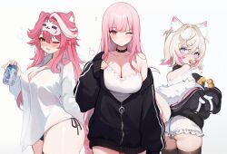 3girls animal_ears ass bandaid bandaid_hair_ornament bare_shoulders belt belt_collar black_belt black_choker black_collar black_hoodie black_panties blonde_hair blue_eyes blush breasts brown_thighhighs camisole can choker cleavage closed_mouth collar collarbone commentary dog_ears dog_tail drooling english_commentary food_in_mouth hair_intakes hair_ornament hairclip highres holding holding_can hololive hololive_english hood hoodie koahri large_breasts long_hair long_sleeves looking_at_viewer looking_back mask mask_on_head medium_hair mococo_abyssgard mococo_abyssgard_(1st_costume) mori_calliope multicolored_hair multiple_girls one_eye_closed open_mouth panther_ears panther_girl panther_tail panties pink_eyes pink_hair pink_tail raora_panthera see-through_silhouette shirt shorts side-tie_panties simple_background sleep_mask sleeves_past_wrists smile streaked_hair tail thighhighs thighs two-tone_hair two_side_up underwear virtual_youtuber white_background white_camisole white_shirt white_shorts yellow_eyes yellow_tail zipper
