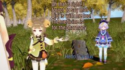 1boy 2girls 3d aether_(genshin_impact) english_text forest genshin_impact koikatsu_(medium) multiple_girls nature non-web_source qiqi_(genshin_impact) yaoyao_(genshin_impact)