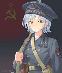 1girl absurdres ammunition_pouch anchor_symbol artist_name belt_buckle black_sea_fleet blue_coat blue_hair buckle buttons closed_mouth coat commentary double-breasted flag_background gun gun_sling hammer_and_sickle highres holding holding_gun holding_weapon leochan1202 long_sleeves looking_at_viewer military military_uniform naval_uniform original patch pouch red_star shirt short_hair shoulder_patch siege_of_sevastopol solo soviet soviet_flag soviet_naval_infantry soviet_navy star_(symbol) striped_clothes striped_shirt upper_body weapon world_war_ii yellow_eyes