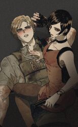 Rule 34 | 1boy, 1girl, ada wong, bare shoulders, black choker, black gloves, black hair, black pantyhose, blonde hair, blue eyes, blush, breasts, brown eyes, choker, collared shirt, dress, fingerless gloves, from above, gloves, grey background, gun, hand on another&#039;s chest, handgun, hetero, highres, holding, holding gun, holding weapon, leon s. kennedy, medium breasts, nul, pantyhose, parted bangs, parted lips, red dress, resident evil, resident evil 2, resident evil 2 (remake), shirt, short dress, short hair, short sleeves, sleeveless, sleeveless dress, straddling, sweatdrop, swept bangs, watch, weapon, wristwatch