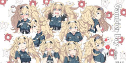 Rule 34 | 1girl, :d, ?, bad id, bad pixiv id, blonde hair, blue eyes, blue shirt, blush, breast pocket, breasts, character name, closed eyes, cnm, collared shirt, covering own mouth, crying, crying with eyes open, dated, embarrassed, multiple expressions, fingers together, gambier bay (kancolle), gloves, hair between eyes, hairband, hands up, highres, holding, holding map, holding own hair, index fingers together, kantai collection, large breasts, long hair, looking at viewer, lost child, map, multiple views, open mouth, parted lips, pocket, scared, shirt, short sleeves, sidelocks, smile, surprised, tears, twintails