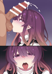 1boy 1girl blush brown_hair commentary_request cum cum_in_mouth cum_on_tongue fellatio gradient_hair hammer_(sunset_beach) hetero hijiri_byakuren long_hair looking_at_viewer multicolored_hair open_mouth oral penis purple_eyes purple_hair testicle_sucking testicles touhou veins veiny_penis