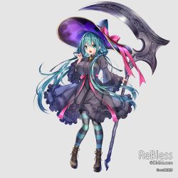 1girl aqua_eyes aqua_hair axe blush boots breasts dmm female_focus gem hair_ornament hat jewelry large_breasts long_hair multicolored_legwear open_mouth original rebless ribbon solo turtleneck very_long_hair weapon witch_hat yuasa_akira