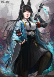 1girl animal_ear_fluff animal_ears aqua_jacket arm_out_of_sleeve black_gloves black_hair black_necktie black_skirt blunt_bangs breasts commentary darkyo07 dress_shirt english_commentary fingerless_gloves foreshortening fox_ears fox_girl gauntlets gloves green_jacket high-waist_skirt highres holding holding_sword holding_weapon hoshimi_miyabi jacket long_hair looking_at_viewer necktie pantyhose red_eyes shirt sidelocks single_fingerless_glove single_gauntlet skirt solo standing sword twitter_username very_long_hair weapon white_shirt zenless_zone_zero