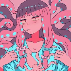 1girl alternate_costume blue_bow blue_shirt blunt_bangs bow cigarette closed_mouth commentary_request cookie_(touhou) expressionless hair_bow long_hair looking_at_viewer patchouli_knowledge pink_background pink_bow pink_hair print_shirt red_eyes rikadai shirt simple_background smoking solo squid_print taisa_(cookie) tentacle_hair touhou upper_body