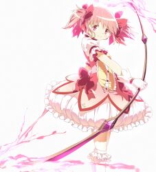 1girl 4b-enpitsu art_study bow_(weapon) bubble_skirt from_side gloves highres holding holding_bow_(weapon) holding_weapon kaname_madoka magical_girl mahou_shoujo_madoka_magica medium_hair pink_eyes pink_hair short_sleeves short_twintails skirt solo twintails weapon white_gloves