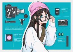 1girl adjusting_eyewear beanie black-framed_eyewear black_hair blue_background blue_eyes border camera commentary english_commentary film_cartridge film_strip gibberish_text glasses goma_(gogo_gowa) grin hand_up hat highres idolmaster idolmaster_shiny_colors long_hair long_sleeves looking_at_viewer mitsumine_yuika pink_hat puffy_long_sleeves puffy_sleeves smile solo sweater upper_body white_border white_sweater