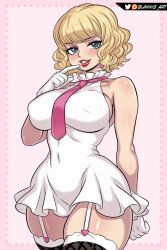 1girl arm_at_side artist_name black_thighhighs blannis blonde_hair blush breasts covered_erect_nipples covered_navel cowboy_shot dress eyelashes eyeshadow female_focus finger_to_own_chin garter_straps gloves grin index_finger_raised large_penis lipstick looking_at_viewer makeup medium_hair naughty_face necktie one_piece penis pink_background pink_eyeshadow pink_necktie red_lips simple_background sleeveless sleeveless_dress smile solo standing stussy_(one_piece) teeth thick_thighs thighhighs thighs wavy_hair white_dress white_gloves wide_hips