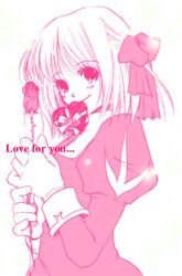 1girl 2000s_(style) bad_id blush bow box closed_mouth english_text flower hair_bow heart-shaped_box holding holding_flower juliet_sleeves long_sleeves looking_at_viewer lowres monochrome pink_theme priest_(ragnarok_online) puffy_sleeves ragnarok_online rose short_hair simple_background smile solo tachibana_sakuya_(matsurika) upper_body