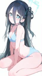 1girl absurdres aris_(blue_archive) bare_arms bare_shoulders black_hair blue_archive blue_bra blue_eyes blue_halo blue_headband blue_panties bra breasts cleavage commentary hair_between_eyes hair_flowing_over hair_tie hairband halo headband highres karachiiy loli long_hair looking_at_viewer loose_hair_strand panties sidelocks sitting small_breasts smile solo thighs underwear very_long_hair wariza white_background