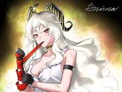 1girl arm_strap bare_shoulders black_choker black_horns breasts choker collar commentary curled_horns earrings grimaisbestwaifu horns jewelry key_earrings large_breasts long_hair looking_at_viewer mole mole_on_breast mouth_hold necktie red_eyes red_necktie shirt solo teeth_hold torn_clothes torn_shirt upper_body white_shirt wuthering_waves zani_(wuthering_waves)