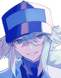 Rule 34 | 1boy, baseball cap, black undershirt, blue eyes, collared shirt, green hair, hair between eyes, hat, highres, long hair, looking at viewer, male focus, n (pokemon), nintendo, pokemon, pokemon bw, ponytail, shirt, simple background, smile, solo, upper body, white background, white shirt, zero (sleepy meltan)