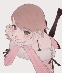 1girl bare_shoulders black_thighhighs blush bra_strap brown_eyes brown_hair closed_mouth cross-laced_clothes cross-laced_sleeves cross-laced_sweater elbow_rest foot_up fur-trimmed_sweater fur_trim grey_background hands_on_own_cheeks hands_on_own_face head_rest highres long_sleeves lying no_shoes off-shoulder_sweater off_shoulder official_alternate_costume on_stomach persona persona_3 pink_sweater ribbed_sweater short_hair smile solo sweater takeba_yukari tbjj1208 thighhighs