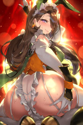 1girl animal_ears ass bow breasts brown_hair chinese_text earrings elbow_gloves fake_animal_ears frilled_panties frills garter_straps gloves hair_over_one_eye hand_on_own_ass highres huge_ass jewelry large_breasts lipstick long_hair looking_at_viewer looking_back maid_headdress makeup mole mole_under_eye original panties purple_eyes rabbit_ears see-through_clothes see-through_panties senri_gan simple_background sleeveless smile solo sumire_(bunnystein_fantasy) sweat thighhighs underwear