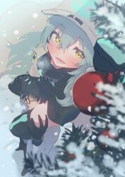 Rule 34 | 1boy, 1girl, absurdres, antonina (neural cloud), aqua hair, baseball cap, black eyes, black hair, black shirt, carrying, christmas, christmas tree, girls&#039; frontline, girls&#039; frontline neural cloud, glasses, gloves, hat, highres, lab coat, professor (neural cloud), ryunosuke nikaido, shirt, shoulder carry, snowing, thighhighs, white hat, yellow eyes