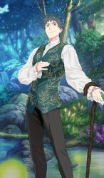Rule 34 | 1boy, aqua hair, bags under eyes, brown eyes, brown pants, buttons, cane, closed mouth, commentary request, fate/grand order, fate (series), feet out of frame, game cg, green vest, hand on own chest, high collar, ikezawa shin, long sleeves, looking at viewer, male focus, official art, outdoors, outstretched arm, pants, saitou hajime (fate), saitou hajime (fgo fes. 2025) (fate), shirt, short hair, smile, solo, standing, third-party source, vest, waistcoat, white shirt